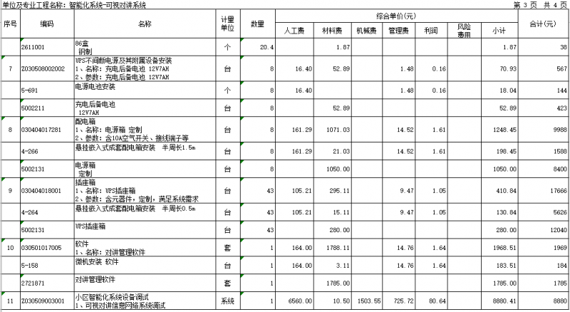 楼宇可视对讲分项施工费